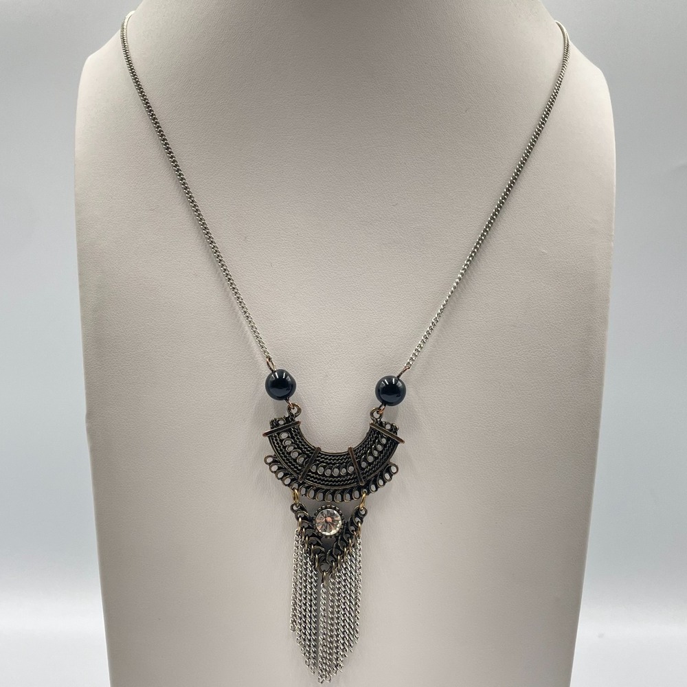 Vintage Boho Bronze & Silver Tone Fringe Statement Crescent Tassel Necklace